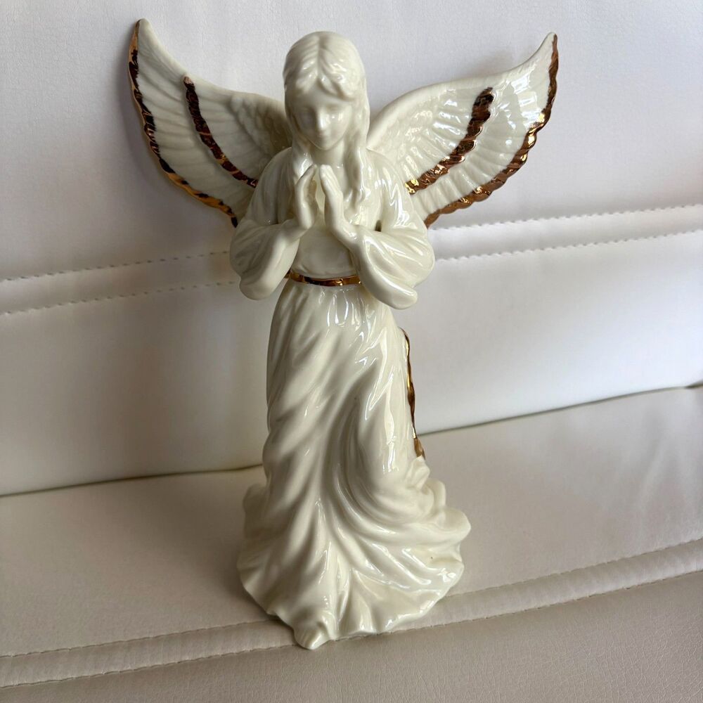 Vintage 8" Porcelain Ceramic Praying Angel Figurine Ivory Gold Trim Wings